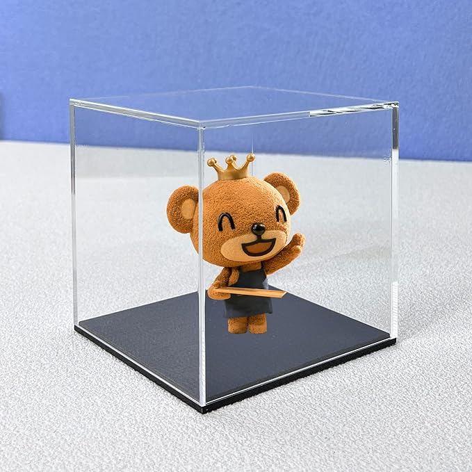 Acrylic Display Case, 4x4x4 Inch Cube Box With Matte Black Base, Clear Single-Piece Case for Softball Collectibles Figurines Mini Figures