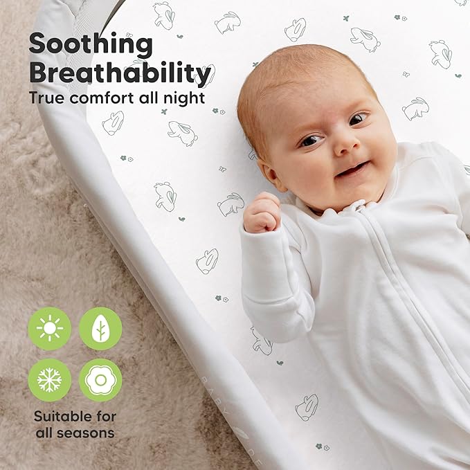 2-Pack Organic Bassinet Sheets for Girls, Boys - 100% Cotton Bassinet Mattress Sheets Compatible with Halo Bassinest Swivel Sleeper, Graco, Baby Delight, Chicco,Unisex Fitted Bassinet Sheets(Bunnies)