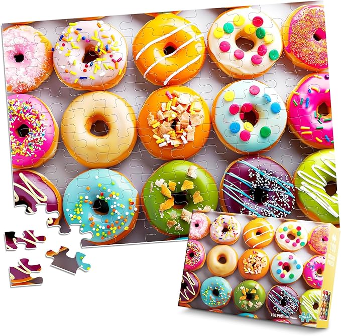 100 Pieces Puzzles for Kids Ages 4-8 6-8 8-10 Year Old - Donuts Jigsaw Puzzle for Kids Ages 5-8 Teens Toddler Learning Educational Puzzles for 4 5 6 7 8 9 Years Old Boys Girls Toys Gifts