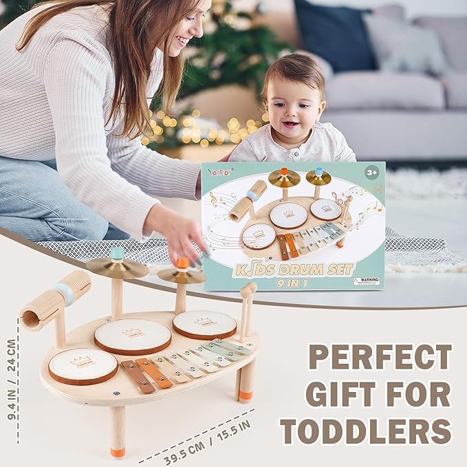 Drum Set for Toddler - Toys for 2 3 4 Year Old Girls Boy Gifts - 9 in 1 Wooden Montessori Musical Instruments with Xylophone for Kids 3-5, Christmas Birthday Gifts for Toddlers 2-4