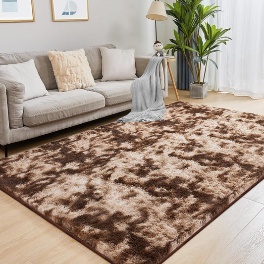 Fluffy Shag Area Rug, 4x5.8 Tie-Dyed Brown Rugs for Bedroom, Soft Plush Area Rugs for Living Room, Non-Slip Indoor Carpet for Nursery, Study Room, Dressing Room, Home Decor