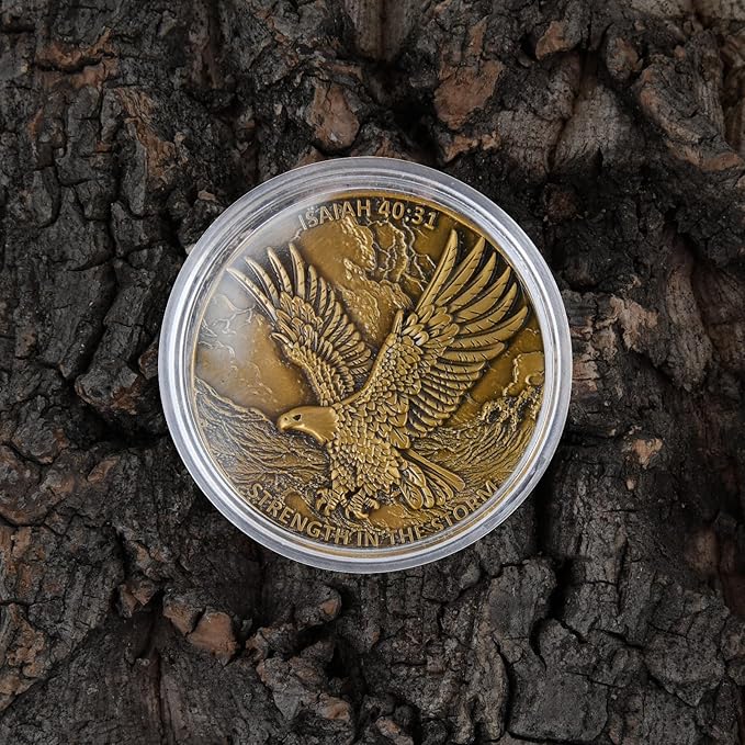 1.57 Inch Zinc Alloy Double-Sided 3D Eagle Challenge Coin - Inspirational Design with Isaiah 40:31 Engraving, Strength in The Storm Theme