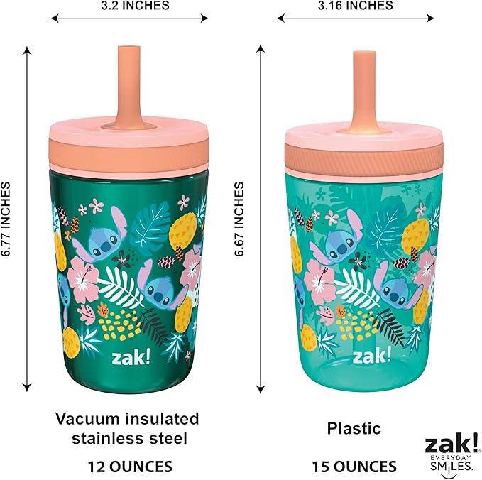 Zak Designs Disney Lilo and Stitch Kelso Tumbler Set, Leak-Proof Screw-On Lid with Straw, Bundle for Kids Includes Plastic and Stainless Steel Cups with Bonus Sipper (3pc Set, Non-BPA, Stitch)