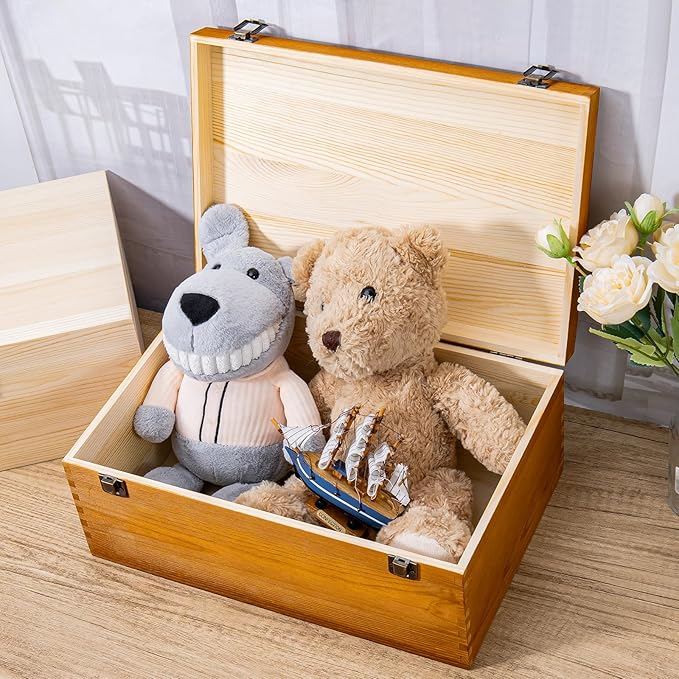 Vintage Wooden Storage Box, 14.14 * 9.43 * 5.89 Inch Small Wooden Box with Hinged Lid for DIY Art Hobby, Wood Keepsake Box Rectangular for Toys Jewelry Crafts Brown