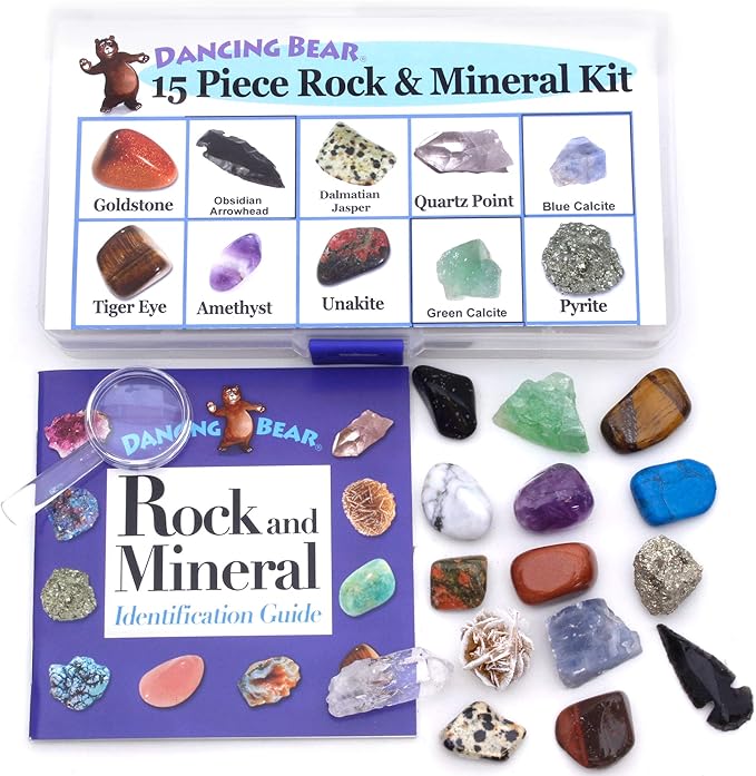 DANCING BEAR -15 Pc Rock & Mineral Collection with Collector Box/Display Case, ID Sheet, Rock Book, Magnifying Glass, Beginner Starter Set, Kids' Gemstone Crystal Kit, STEM Geology Science Education