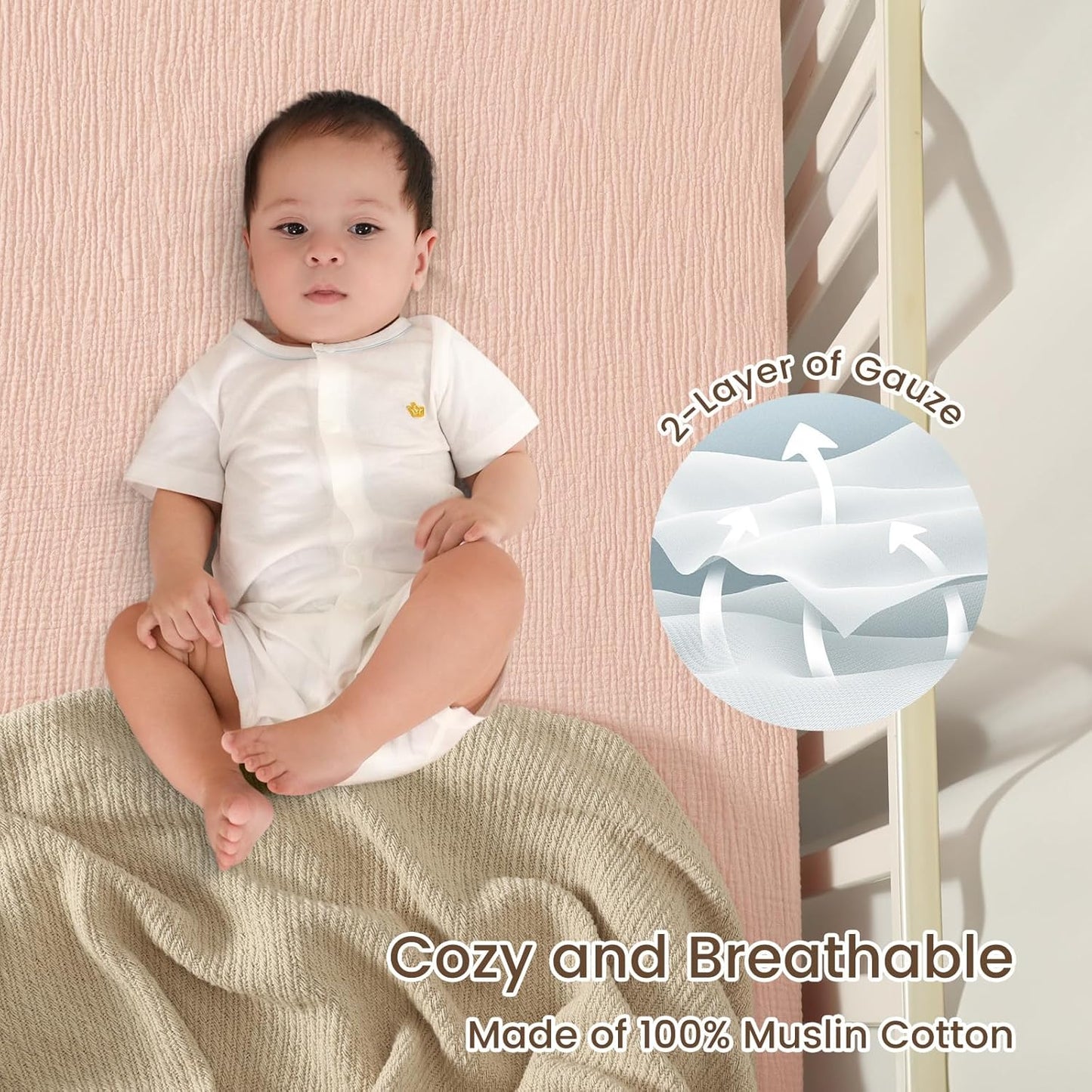 david's kids Muslin Mini Crib Sheets, 2 Pack Cotton Pack N Play Sheets for Boys Girls Neutral, Soft Breathable Baby Sheets Fit Pack N Play, Playard and Mini Crib Mattresses, Snow White & English Rose