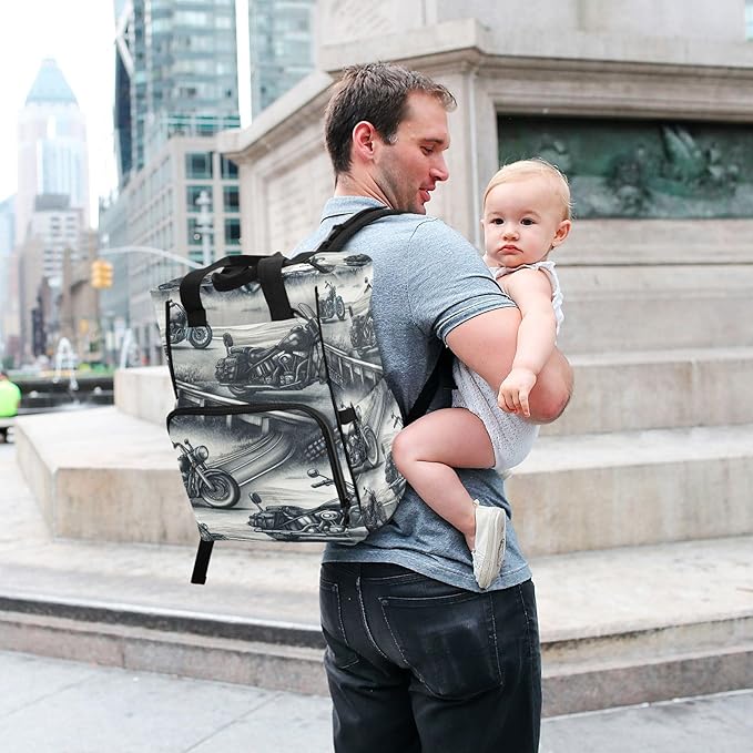 High Way Motorcycles Diaper Bag Backpack, Unisex Travel Baby Backpack Diaper Bags with Stroller Straps & Pacifier Case, Large Capacity Waterproof Diaper Backpack