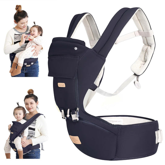 FRUITEAM 6-in-1 Baby Carrier with Waist Stool, Adjustable for Breastfeeding, One Size Fits All - Adapt to Newborn, Infant & Toddler (Navy)