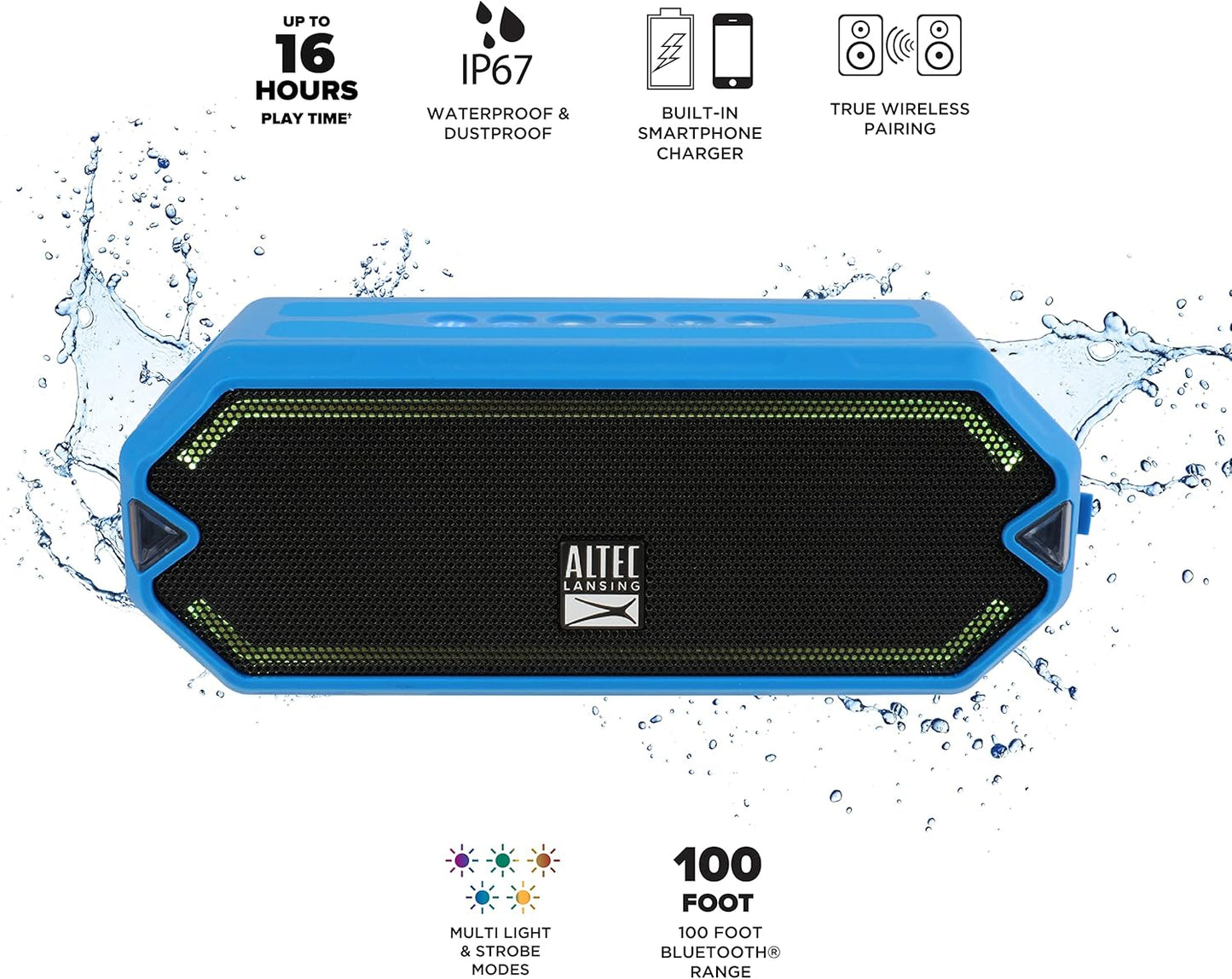 Altec Lansing - HydraJolt Wireless Bluetooth Speaker, Waterproof Portable Speakers with Built in Phone Charger and Lights, Everything Proof Outdoor, Shockproof, Snowproof, 16 Hours Playtime