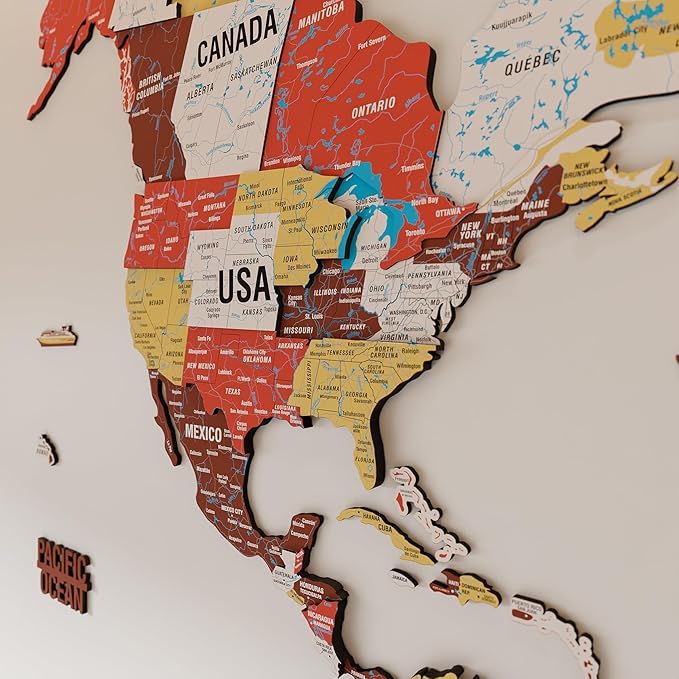 Colorfull Worlds 3D Wooden World Map Wall Art - Premium Multicolored World Travel Art for Wall Decor with Push Pins- Ideal Housewarming Gift & Travel Tracker (Large, Terracota)