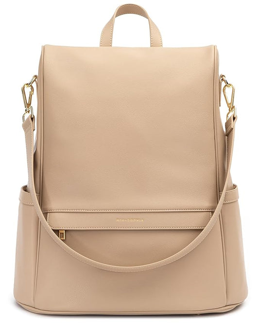 MIA + SOPHIA Leather Diaper Bag Backpack with USB Charging port, Changing Pad, Stroller Straps, and Bottle Holder (Beige Mia)