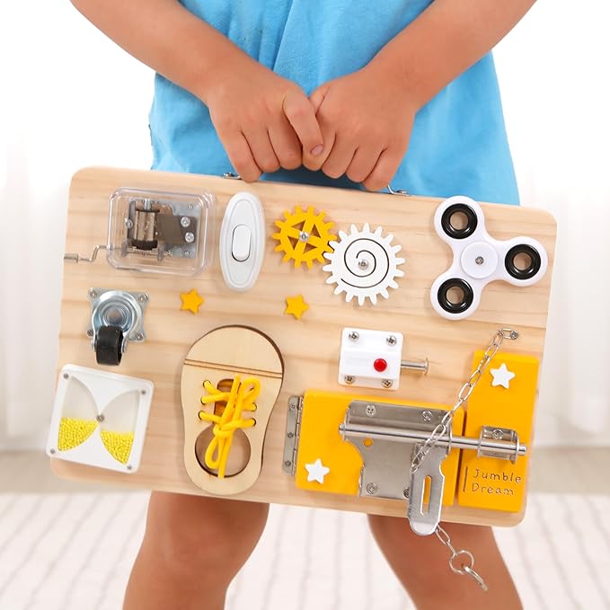 Jumble Dream Wooden Busy Board Montessori Toys for Toddlers and Educational Sensory Busy Board Autism Products & ADHD Activity Board for Learning - Kids Travel Toys for Toddlers Age 1 2 3 4 Years