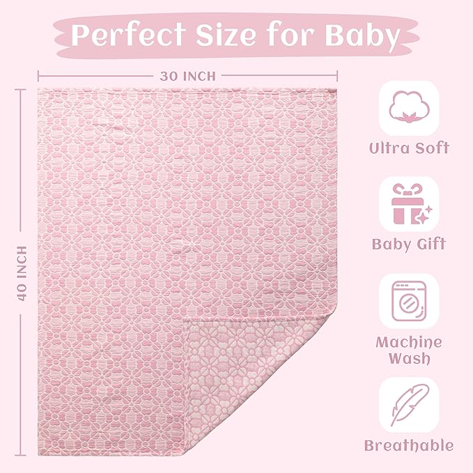 NTBAY 3 Layer Toddler Blanket, Muslin Cotton Jacquard Bed Blankets, Lightweight Thermal Baby Blanket, Super Soft and Warm Crib Blanket for All Seasons, Decoration Gift, 30"x40", Pink Clover