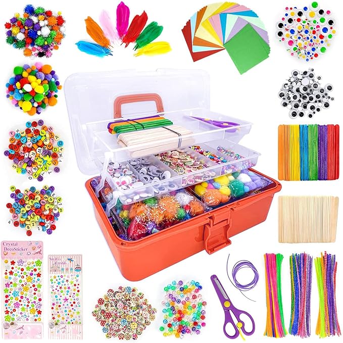 1405 Pcs Art and Craft Supplies for Boys and Girls, Toddler DIY Craft Art Supply Set Included Pipe Cleaners, Pom Poms, Feather, Folding Storage Box - All in One for Craft DIY Art Supplies(Orange)