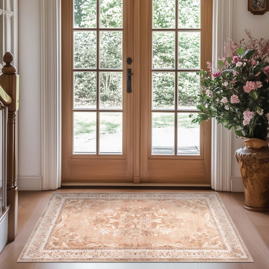 jinchan Vintage Floral 3x5 Area Rugs for Entryway - Machine Washable Distressed Design Ultra-Thin Low-Pile Soft Non-Shedding Carpet for Kitchen Bedroom Entrance Laundry Living Room (3x5ft,Coral Pink)