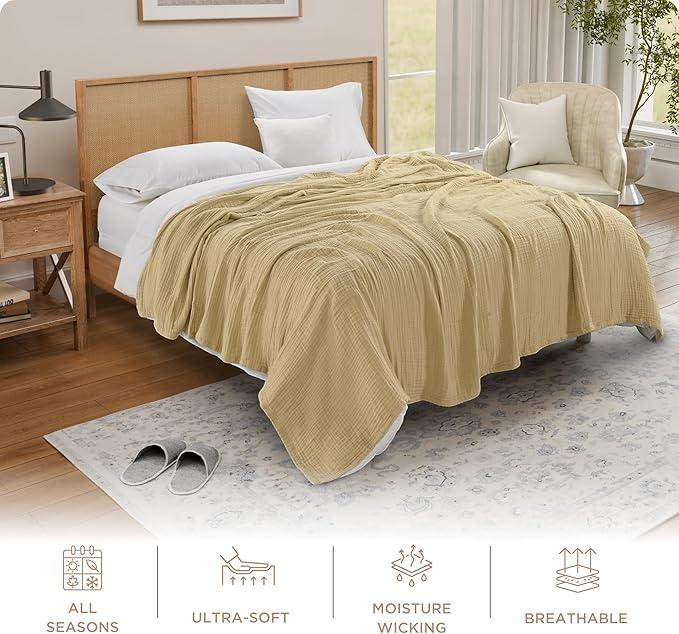 Threadmill King Size Blanket | 4 Layer 100% Cotton Gauze | Lightweight, Breathable, and Cozy Summer |Muslin Blanket for Couch, Bed| Beige