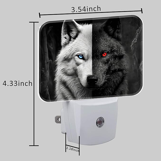 Black White Wolf Night Light for Kids Girls Boys, Red Blue Eyes Wolf LED Night Light Plug into Wall with Dusk to Dawn Sensor for Bedroom, Hallway, Kitchen, Bathroom, Stairs Decor