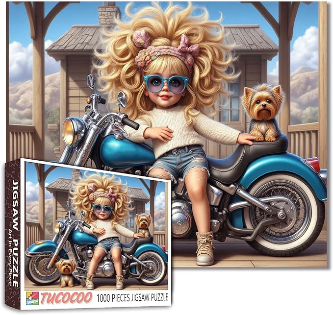 1000 Piece Jigsaw Puzzle for Adults, Girl and Yorkshire Terrier on Motorcycle Puzzles, Girl DIY Puzzles for Home Decoration Gift, Challenging Puzzle for Family Game Nights 20 x 27 Inch