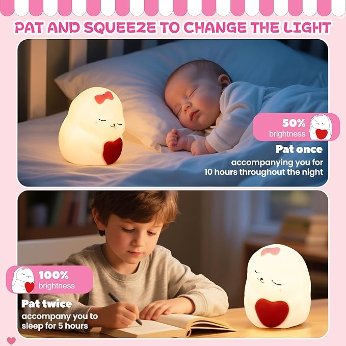 Night Light for Kids, Rechargeable Dimmable Silicone LED Nightlight with 7 Colors, Baby Nursery Night Lamp, Touch Squishy Lamp, Cute Gifts for Girls, Boys, Toddler Room Decor, Rabbit