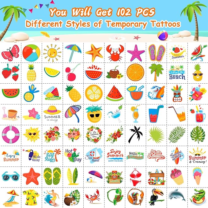 JCFIRE Summer Pool Beach Party Favors Kids Tattoos, 102 Styles Larger Tropical Hawaiian Luau Themed Temporary Tattoos for Kids Teens Adult, Waterproof Summer Stickers Party Decorations Supplies