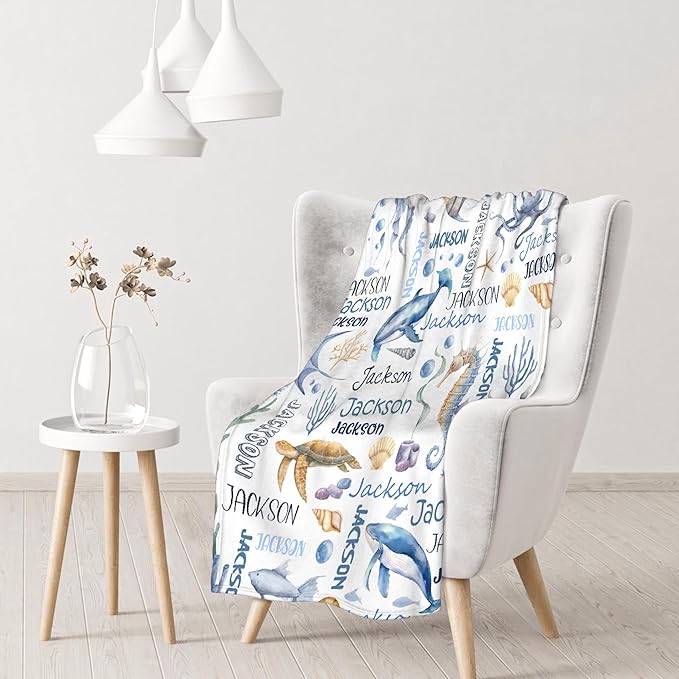 Personalized Baby Blanket for Girls Boys Kids Dolphins Turtles Custom Baby Blanket with Name Throw Birthday Gift for Toddlers Infants Shower Newborns Nursery Stroller Crib Bed Decor