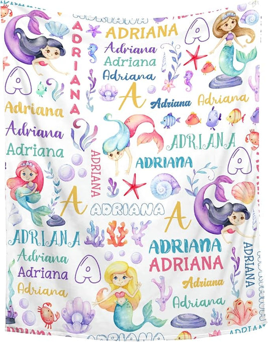 Personalized Baby Blanket for Girls Boys Kids Mermaid Custom Baby Blanket with Name Throw Birthday Gift for Toddlers Infants Shower Newborns Nursery Stroller Crib Bed Decor