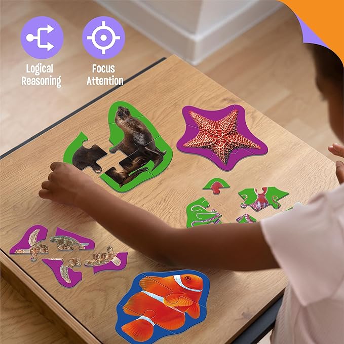 12 Pack Marine Animal Puzzles, 48 Pieces Step-by-Step Animal Jigsaws, Realistic Sea Animal Jigsaw Puzzles with Name Guide Early Learning for Beginner Preschool Toddlers 3+ Years Old