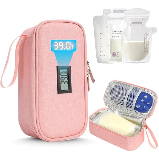 YOUSHARES Breastmilk Cooler Travel Bag with Digital Thermometer, Small Insulated Baby Milk Storage with 2 Ice Packs, Daycare and On-The-Go Moms （Pink）