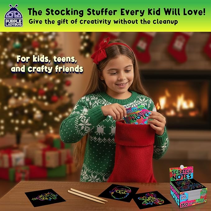 PURPLE LADYBUG Rainbow Holographic Scratch Art Mini Notes - 150 Sheets with Wooden Stylus, Classroom Must Have, Back to School Gift, School Essentials, Teen Girl Gifts