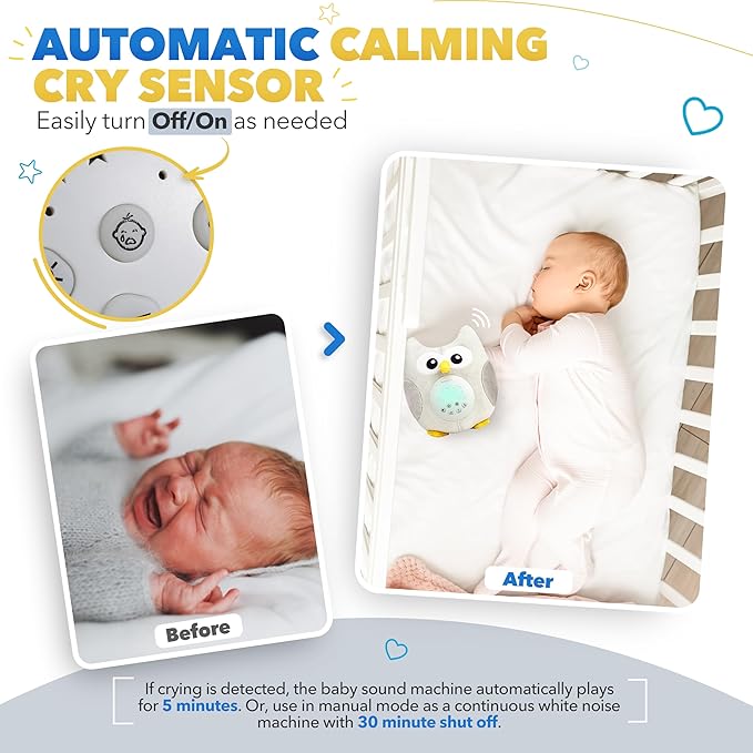 Bubzi Co Sound Machine, Portable Owl Soother & Night Light Projector, Comforting Electronic Infant Toddler Sleep Aid & Shush with White Noise