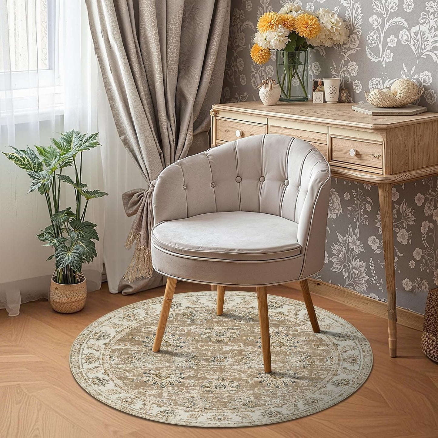 jinchan Round Rug 5ft Area Rug - Indoor Vintage Hallway Circle 5' Washable - Ultra-Thin Low Pile Soft Small Non Slip Distressed Floral Print for Living Room Dining Room Bedroom Entryway Taupe