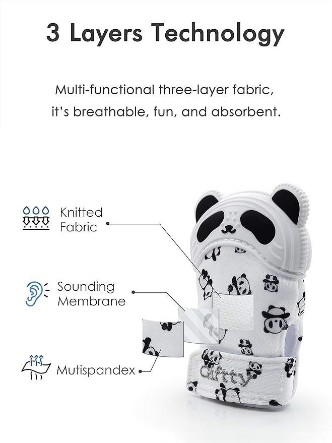 Giftty Panda Teether Mitt - Baby Teething Glove - BPA-Free Silicone - Black and White - 1 Pair + 1 Toothbrush