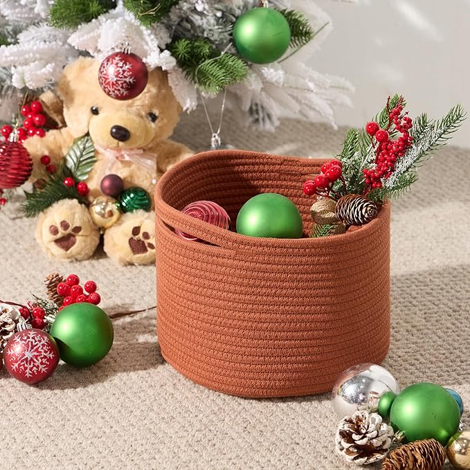 Small Basket for Organizing | Cube Shelf Closet Storage Baskets | 9.7×9.7×7.1” | Woven Rope Gift Basket | Nursery | Round 3 Packs Oxide Red
