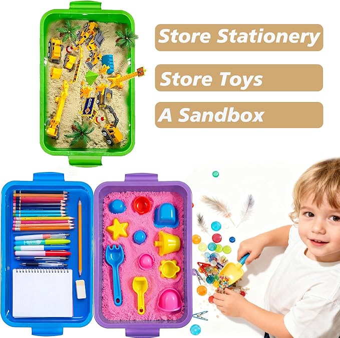 4 Qt (3.8L) Sensory Bin With Lid - 3 Pack, Stackable Storage Sensory Bins with Lids, Portable Sandbox, Organizers Sand, Arts, Crafts, (Blue, Green, Purple)