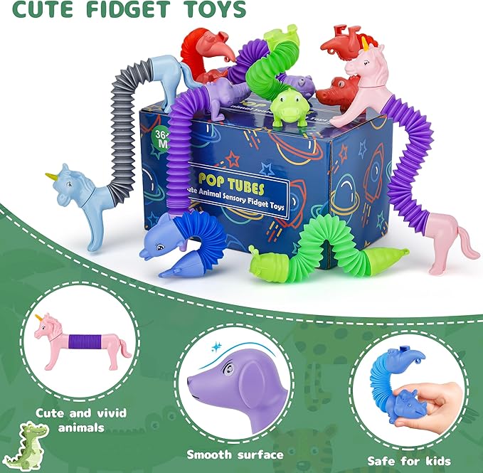 20Pcs Animal Pop Tubes Fidget Toys,Party Favors, Carnival Prizes,Birthday Gifts for Kids, Stress Relief Sensory Toys for Kids 3-8, Piñata Stuffers