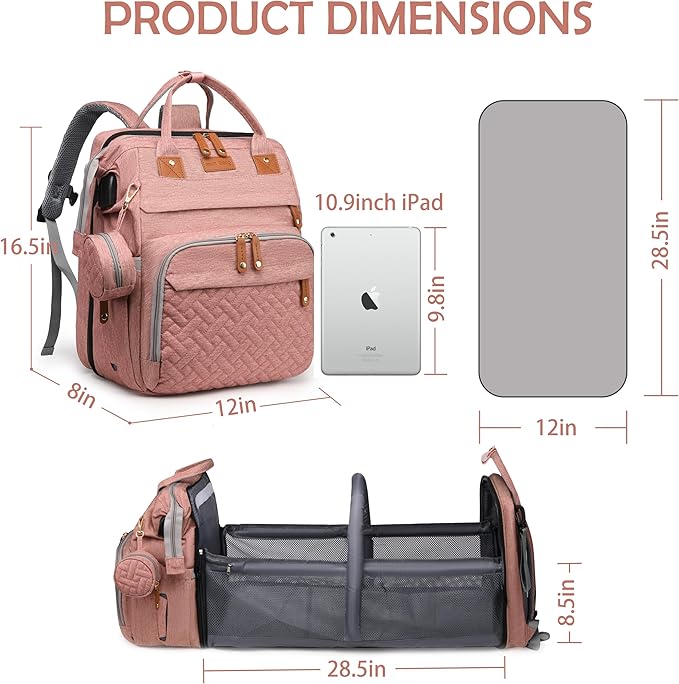Diaper Bag Backpack with Changing Station, Multifunction Travel Baby Bag, Waterproof Baby Tote, Large Capacity Mommy Bag, Newborn Essentials Backpack Bag, Girls, Pink