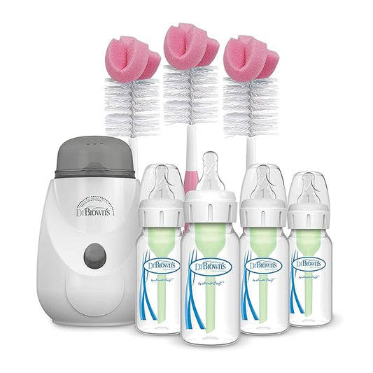 Dr. Brown’s Insta-Feed Bottle Warmer and Sterilizer with Anti-Colic Options+ Narrow Baby Bottles 4 oz, with Level 1 Slow Flow Nipple, 4 Pack, 0m+ and Bottle Cleaning Brush Set, Pink