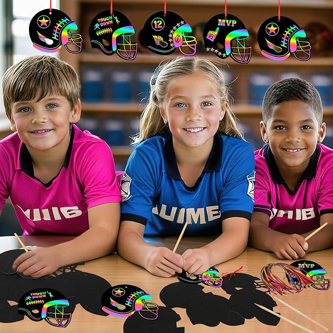 JULMELON 36 PCS Football Crafts for Kids, Rainbow Scratch Paper Art for Kids Football Party Favors Helmet Scratch Off Cards for Birthday Party Supplies School Activities