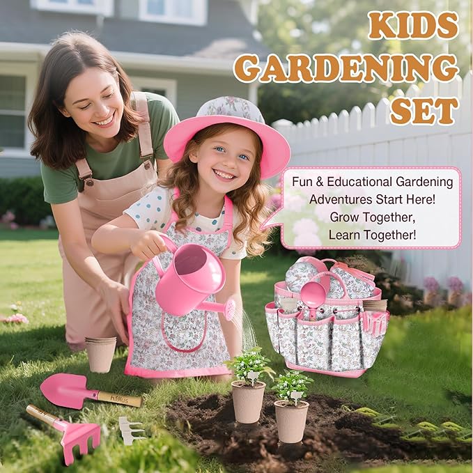 Kids Gardening Tool Set 18PCS Kids Toddler Gardening Set Includes Tote Bag Watering Can Apron Hat Rake Shovel Spoon Gloves Plant Pots and Labels, Outdoor Toys Gift for Boys Girls (Pink)