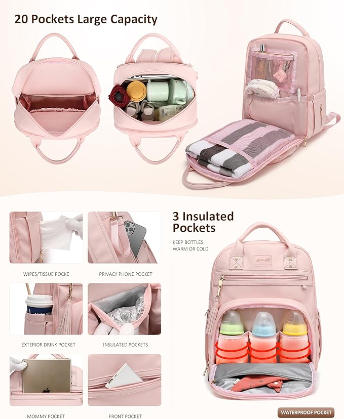Premium Vegan Leather Diaper Bag Backpack with Waterproof Changing Pad, Reinforced Zippers & Odor-Free, 20 Pockets Pro Organizer, Fits 15.6" Laptop, Stroller Straps, Baby Bag for Mom, Pink