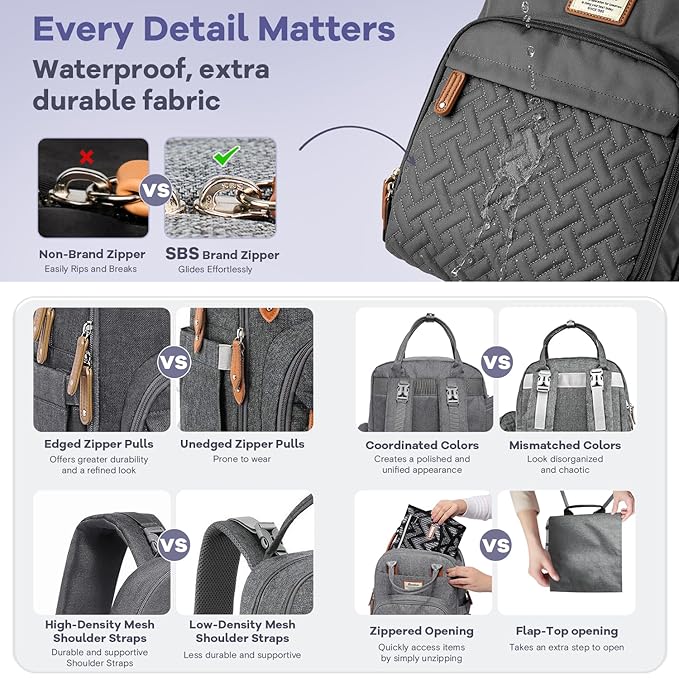 RUVALINO Diaper Bag Backpack, Multifunction Travel Pack Maternity Baby Changing Bags, Large Capacity, Waterproof, Dark Gray