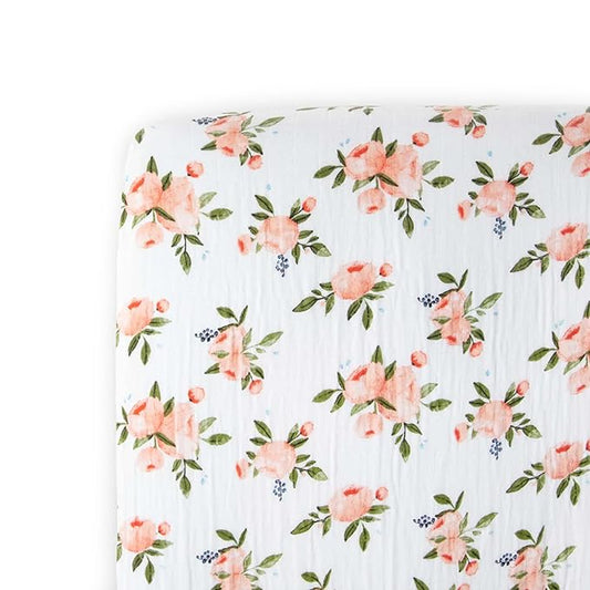 Little Unicorn Premium Crib Sheet | Breathable & Super-Soft Muslin Fabric (Watercolor Roses)