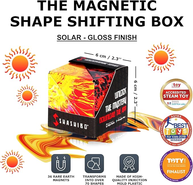 SHASHIBO Shape Shifting Box - Award-Winning Fidget Toy w/ 36 Rare Earth Magnets - Fidget Cube Transforms Into Over 70 Shapes, Sensory Toy Gift for Kids, Teens, and Adults (Solar)