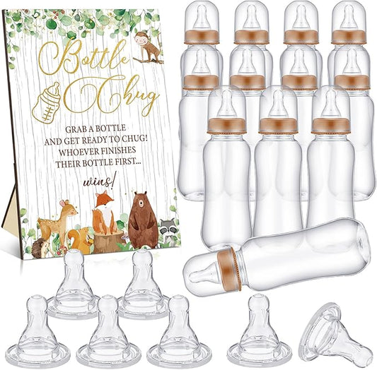 TrelaCo Woodland Animal Cool Baby Shower Games Bottle Chug Sign Wooden Woodland Gift Sets Gender Reveal Party Favors and 12 Pcs Baby Bottle Shower Favor for Gender Reveal