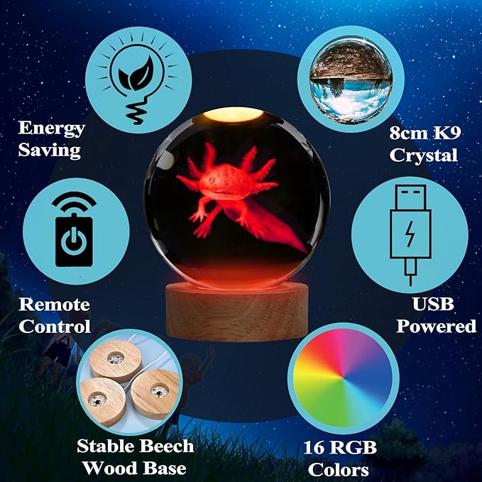 Axolotl Night Light with Upgraded 3.15 Inch 3D K9 Crystal Ball, Axolotl Lamp with Remote 16 Color Gifting Box for Birthday Xmas Cool Axolotl Figurines Gifts for Room Decor Boys Girls