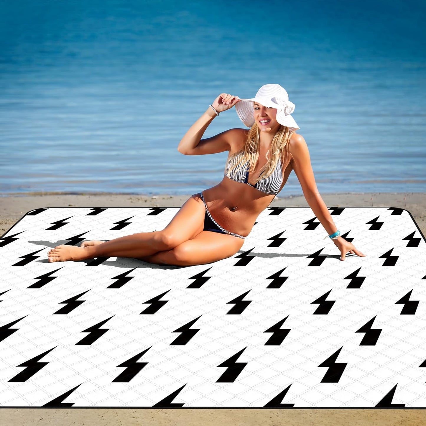 79''x79'' Extra Large Picnic Blankets, Waterproof Sandproof Foldable Outdoor Picnic Mat, Portable 3-Layer Fabric Beach Blanket for Camping, Park, Travel, Family Friends-Stylish Lightning Pattern