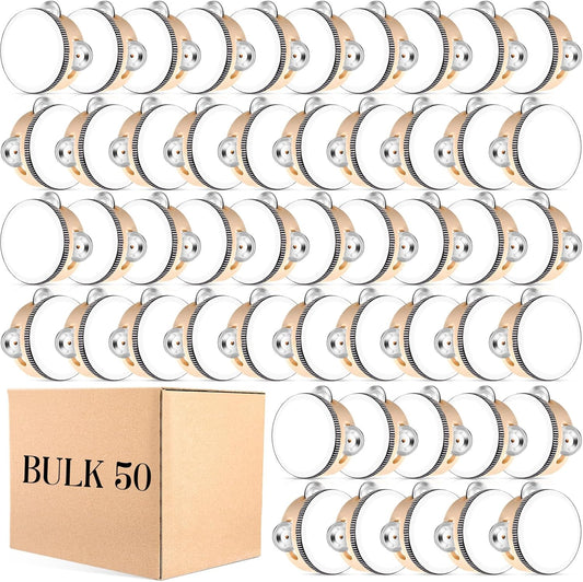 50 Pcs 4 Inch Wedding Tambourine Bulk Drum for Adults Hand Held Percussion Gift Wood Metal Jingles Musical Educational Drum Instrument for Church Wedding Party Favor