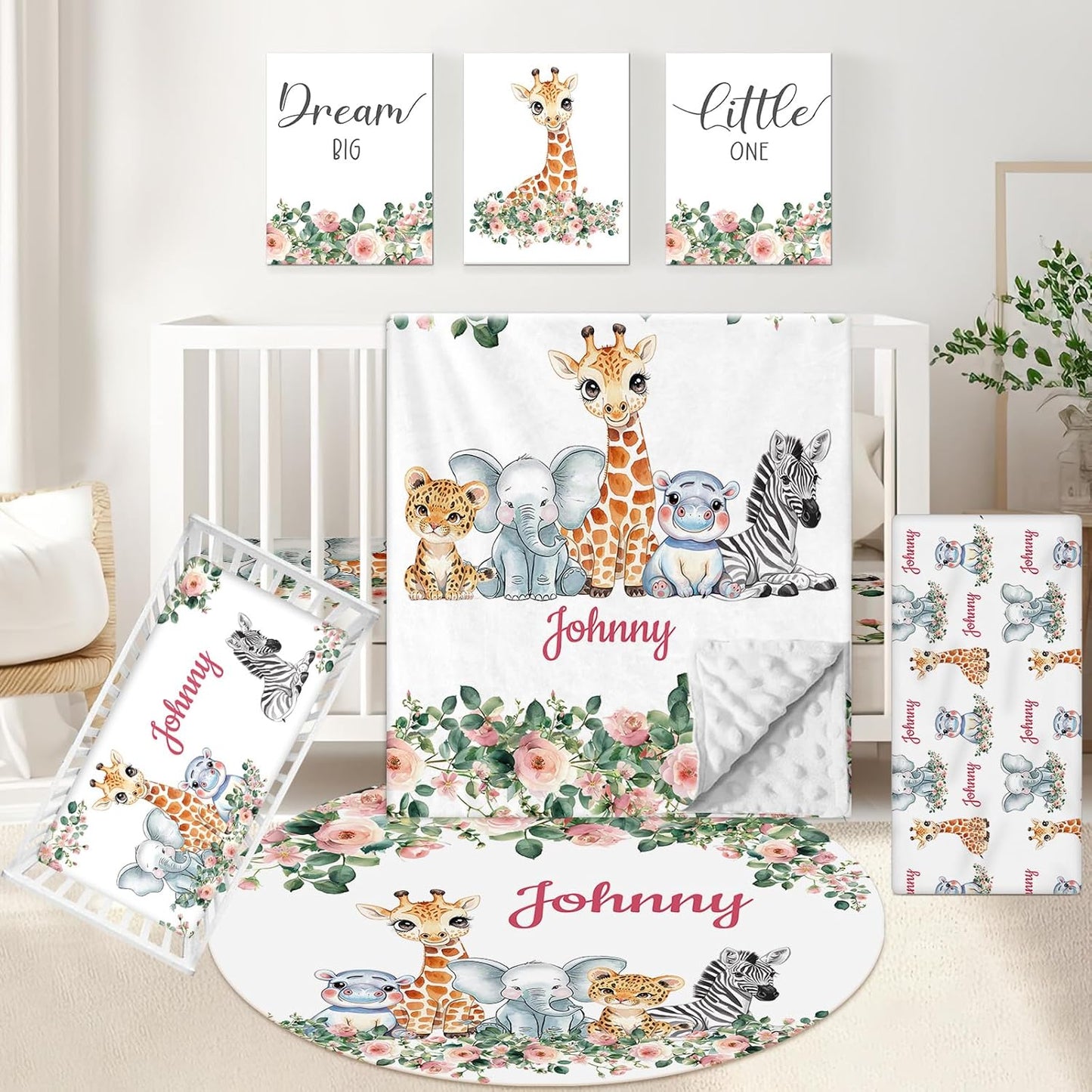 Custom 5-Piece Baby Crib Bedding Set, Personalized Name for Kid Toddler, Animal Nursery for Boy Girl, Double Layer, Customized Gift for Infant