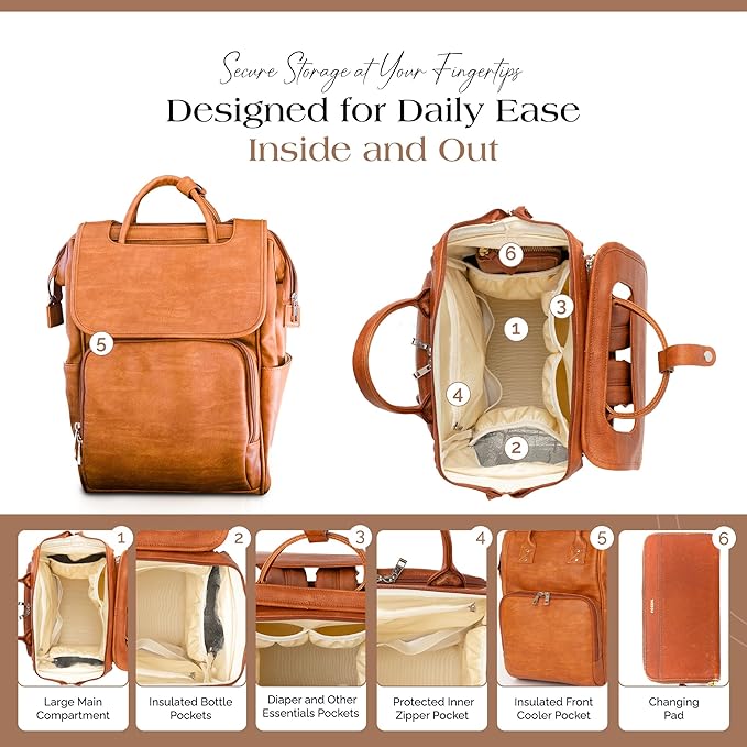 Citi Collective Explorer Brown Diaper Bag Backpack - Vegan Leather Diaper Bag with Shoulder Strap, Insulated Bottle Pockets, Changing Pad, Stroller Clip- Versatile Diaper Bag for Baby