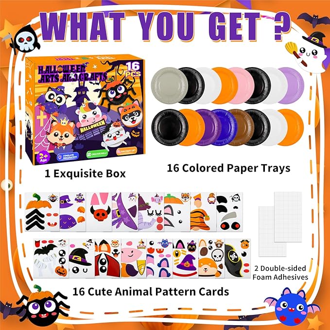 16 Pack Arts and Crafts for Kids, Toddler Crafts Animal Paper Plate Art Kit Gift for 3 4 5 6 Year Old Boys Girls DIY Kids for Birthday Party Favor Preschool Classroom Party Games (Halloween)